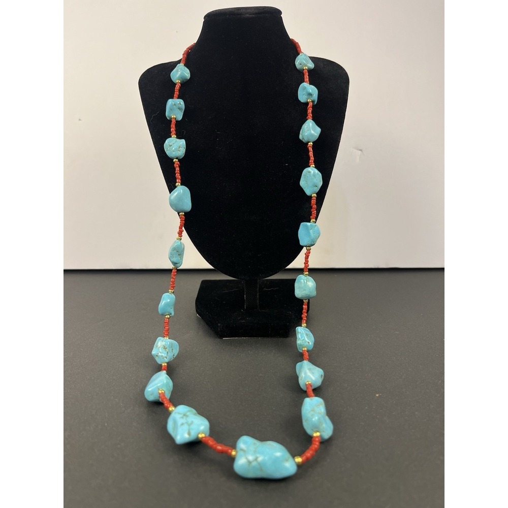 Vintage Lee Sands Coral Bead and Turquoise Nugget 30" Necklace QVC